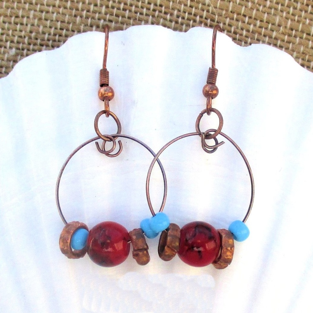 Red And Blue Copper Hoop Earrings